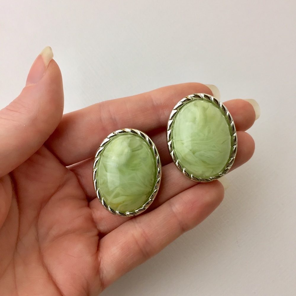 Vintage Green Plastic Statement Clip On Earrings